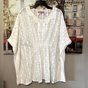 Pink apple brand white 100% cotton lace swimsuit coverup floral poncho S…